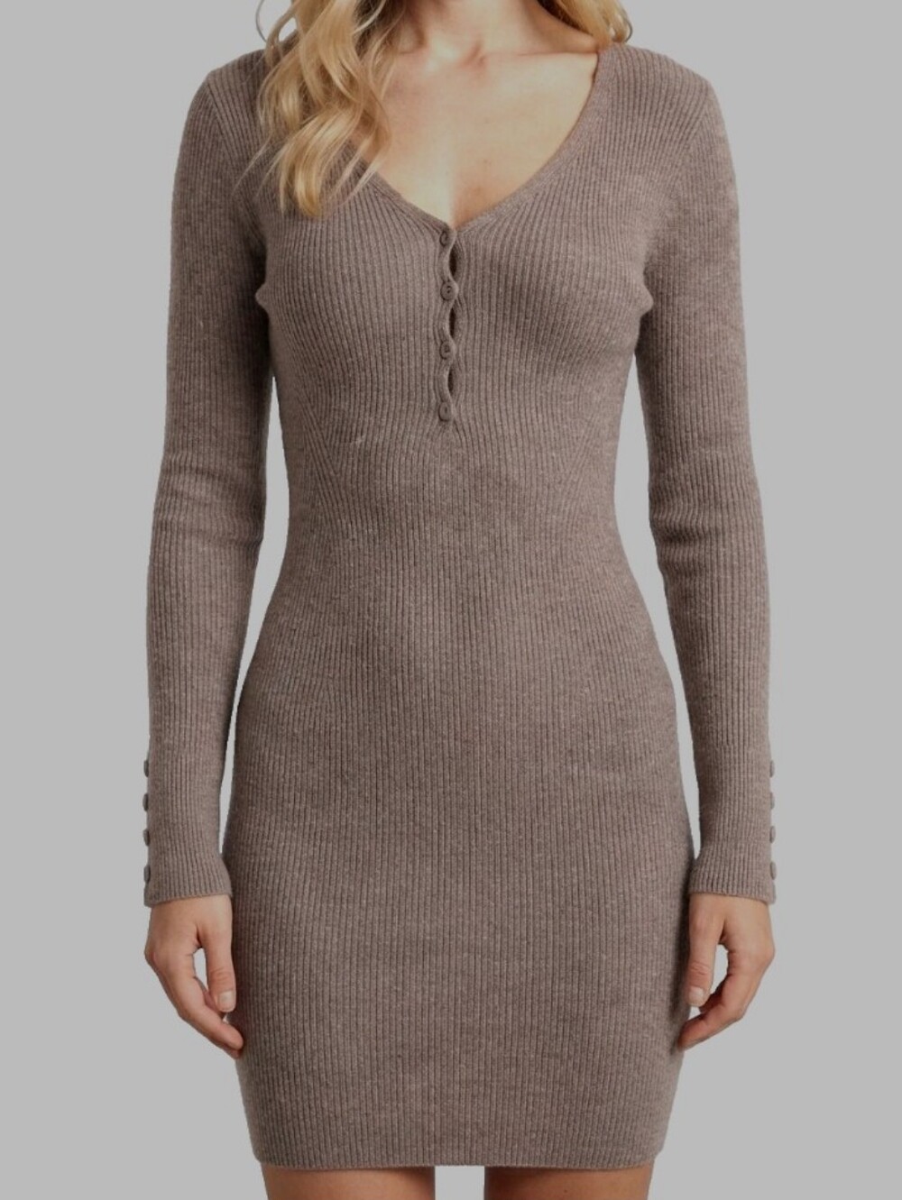 Abercrombie & Fitch Henley Ribbed Long Sleeve Knit Sweater Dress M Taupe